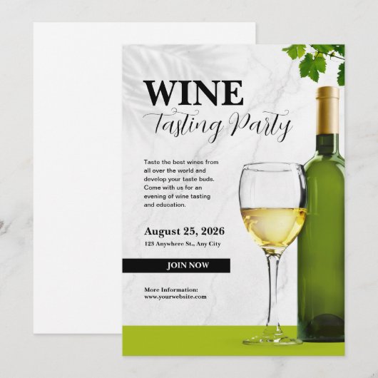 Invitation Fête de dégustation de vin élégante blanche et ver (Devant / Derrière)
