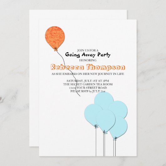 Invitation Fête de départ Ballons Bleus Orange et Turquoise (Devant / Derrière)