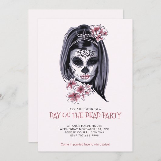 Invitation Fête de Dia De Los Muertos Rose Pâle (Devant / Derrière)
