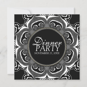 Invitation Fête de dîner de fleurs tribales noir et blanc per