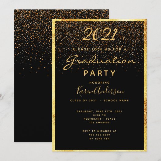 Invitation Fête de diplôme glam noir confetti or (Devant / Derrière)