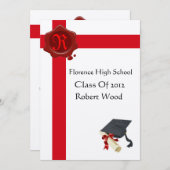 Invitation FÊTE DE DIPLÔME, Monogramme de cire rouge blanche, (Devant / Derrière)