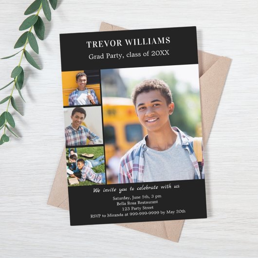 Invitation Fête de diplôme noir blanc photo collage