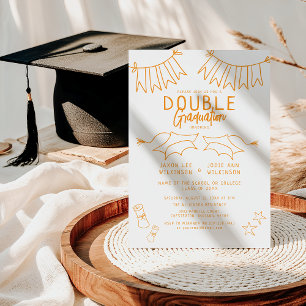 Invitation Fête de double diplôme Orange Doodle Tendance
