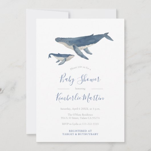 Invitation Fête de douche de bébé baleine mère et bébé (Devant)