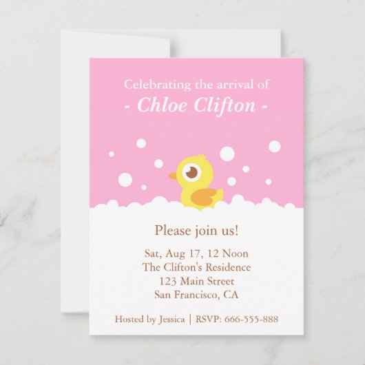 Invitation Fête de douche de bébé rose avec un canard mignon  (Devant)
