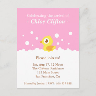 Invitation Fête de douche de bébé rose avec un canard mignon