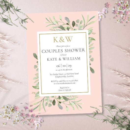 Invitation Fête de douche de couples Rose Pâle Monogramme Dor