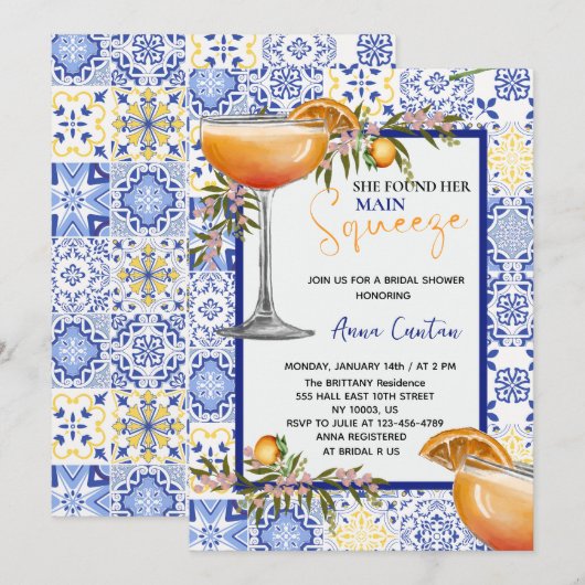 Invitation Fête de douche de mariée Main Squeeze Carreau Bleu (Devant / Derrière)