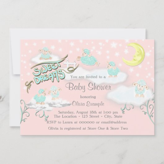 Invitation Fête de douche pour bébé fille doux rêves (Devant)