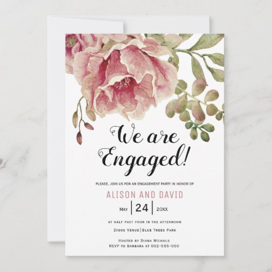 Invitation Fête de fiançailles à fleurs rose rose Dusty (Devant)