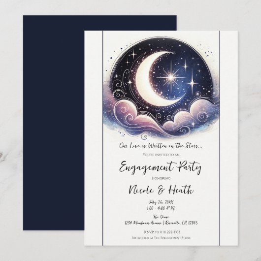 Invitation Fête de fiançailles à la lune en aquarelle écrite  (Devant / Derrière)