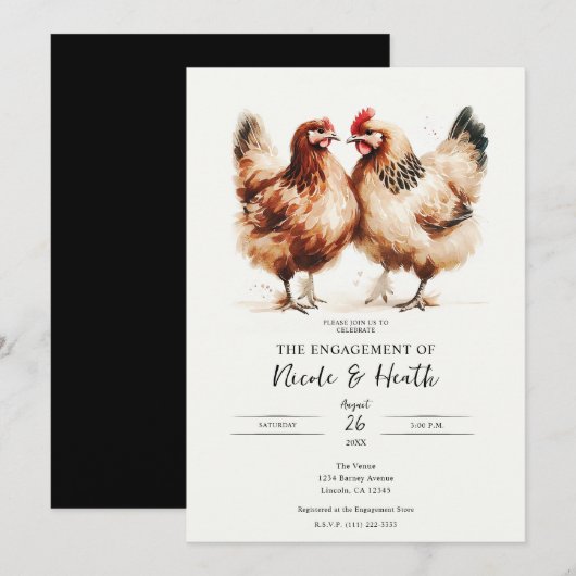 Invitation Fête de fiançailles aquarelle rustique de poules b (Devant / Derrière)