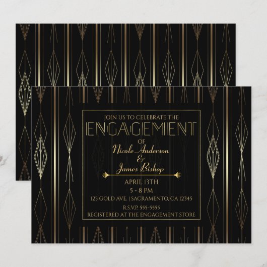Invitation Fête de Fiançailles Art Déco Noir et Or (Devant / Derrière)