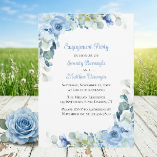 Invitation Fête de fiançailles aux roses aquarelles bleues fl