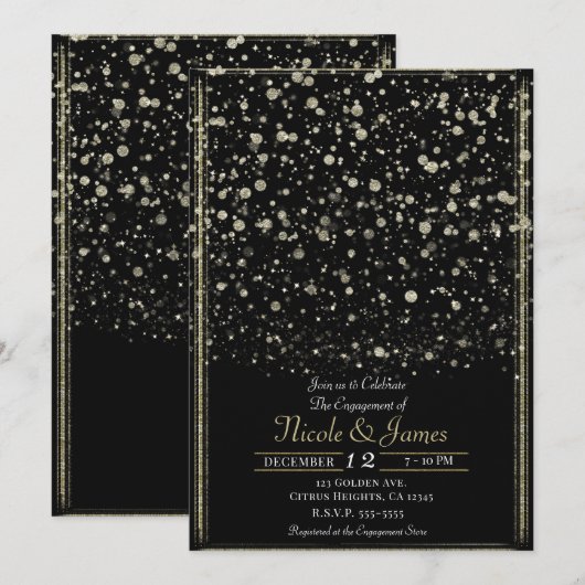 Invitation Fête de fiançailles avec confettis dorés et noirs (Devant / Derrière)