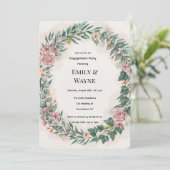 Invitation Fête de fiançailles avec verdure et fleurs roses (Debout devant)