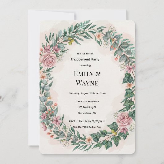 Invitation Fête de fiançailles avec verdure et fleurs roses (Devant)