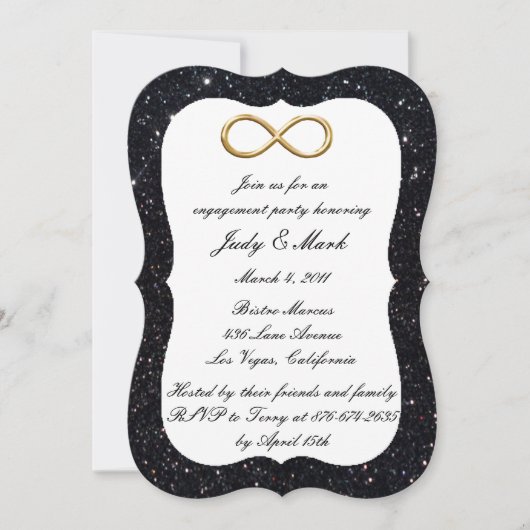 Invitation Fête de fiançailles Black Glitter Gold Infinity (Devant)