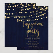 Invitation Fête de fiançailles Bleu Or Bois Rustique & Lumièr (Devant / Derrière)