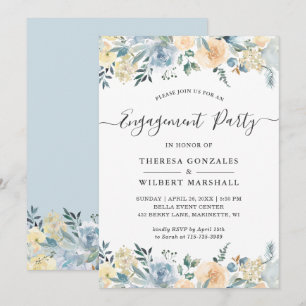 Invitation Fête de fiançailles Bohème Vanille Bleu Floral