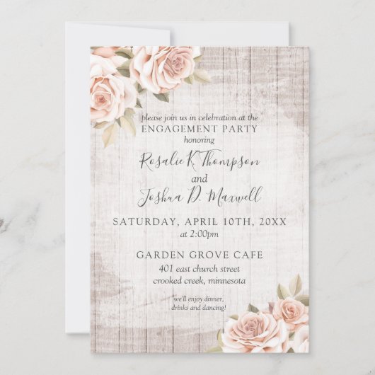 Invitation Fête de Fiançailles Bois Rustique & Roses Romantiq (Devant)