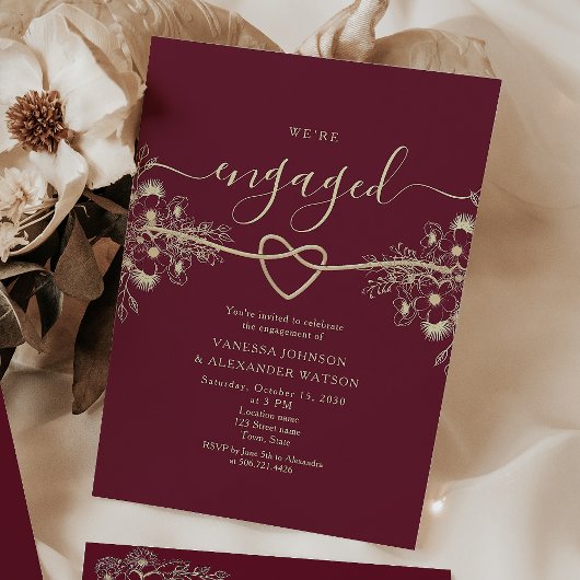 Invitation Fête de fiançailles bordeaux et or