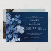 Invitation Fête de fiançailles botanique bleu indigo (Devant / Derrière)