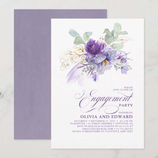 Invitation Fête de fiançailles botanique florale violet lavan (Devant / Derrière)