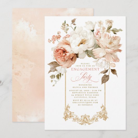 Invitation Fête de fiançailles botanique terne rose beige (Devant / Derrière)
