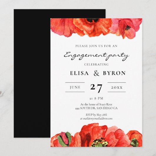 Invitation Fête de fiançailles d'aquarelle de pavot rouge (Devant / Derrière)