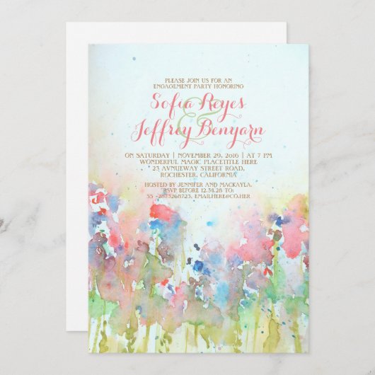 Invitation Fête de fiançailles d'aquarelle - Pré des fleurs (Devant / Derrière)