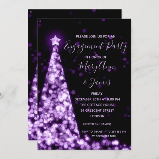 Invitation Fête de fiançailles d'arbre de Noël en violet élég (Devant / Derrière)