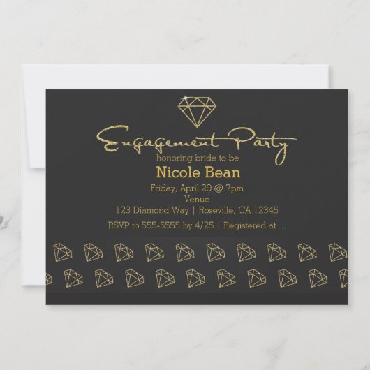 Invitation Fête de fiançailles de design moderne or diamant (Devant)