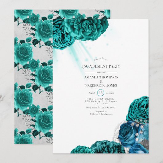 Invitation Fête de fiançailles de mariage floral sarcelle et (Devant / Derrière)