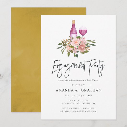 Invitation Fête de fiançailles dégustation de vin Blush flora (Devant / Derrière)