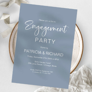Invitation Fête de fiançailles élégante bleu poussiéreux