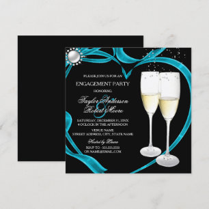 Invitation Fête de fiançailles élégante noire argent et sarce