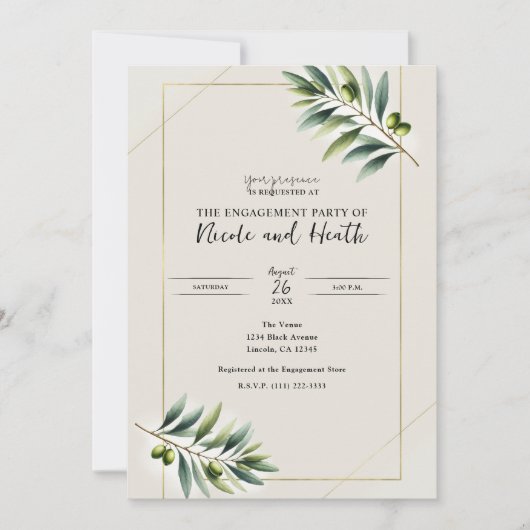 Invitation Fête de fiançailles feuille d'olive verte os blanc (Devant)