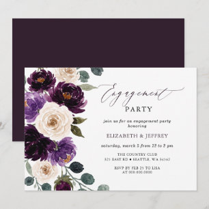 Invitation Fête de Fiançailles Fleurie Aubergine Ivoire Viole