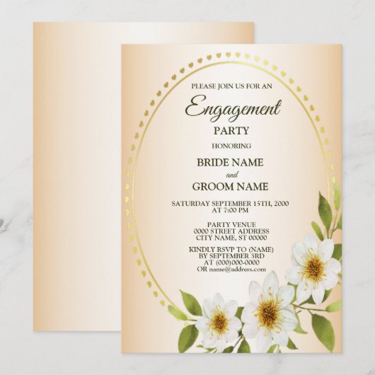 Invitation Fête de Fiançailles Fleurie Blanche Dorée Rustique (Devant / Derrière)