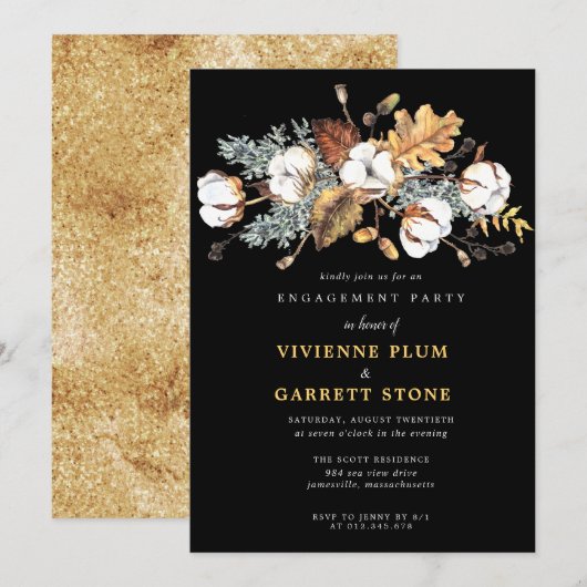 Invitation Fête de fiançailles Fleurs blanches Feuilles d'aut (Devant / Derrière)