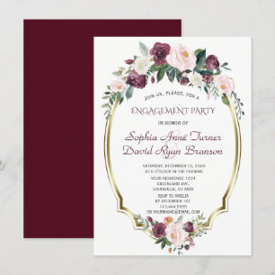 Invitation Fête de fiançailles Fleurs Rose Bourgogne Or