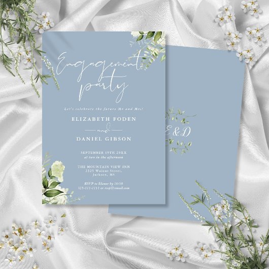 Invitation Fête de fiançailles Floral Bleu Poussiéreux Script