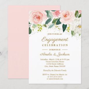 Invitation Fête de fiançailles florale aquarelle or rose pâle