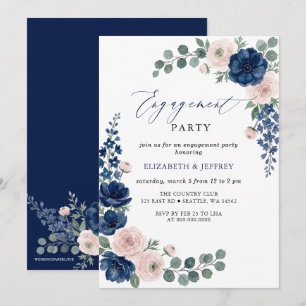 Invitation Fête de fiançailles florale avec verdure Navy et B