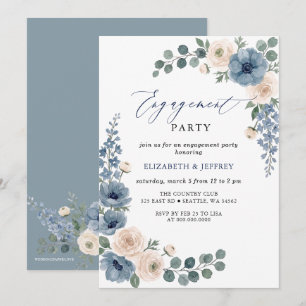 Invitation Fête de Fiançailles Florale Bleu Poussiéreux et Bl
