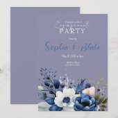 Invitation Fête de fiançailles florale bleue, blanche et vert (Devant / Derrière)