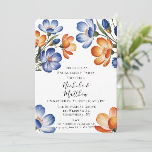 Invitation Fête de fiançailles florale bleue cobalt et orange