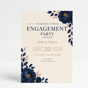 Invitation Fête de fiançailles florale bleue élégante